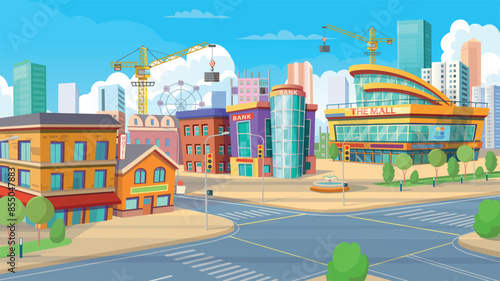 Panorama city building houses with hotel, bank, cafe, mall. Vector illustration in cartoon style.