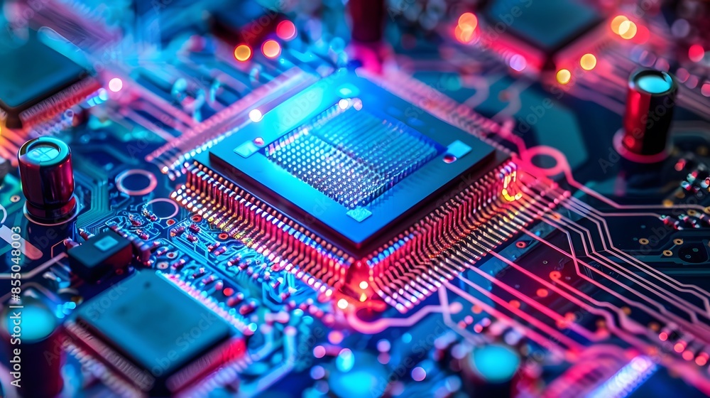 Obraz premium A computer chip is shown in a bright, colorful light. The chip is surrounded by a blue and red background