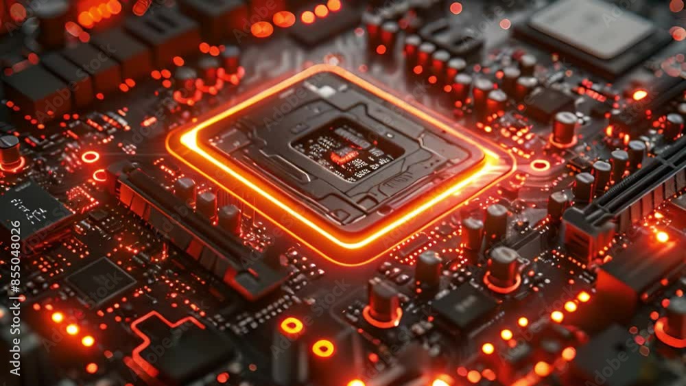 A close-up shot of a computer motherboard with a glowing CPU in the center. The red and orange lights illuminate the complex circuitry and components, highlighting the heart of the computer. A close-up shot of a computer motherboard with a glowing CPU in the center. The red and orange lights illuminate the complex circuitry and components, highlighting the heart of the computer.