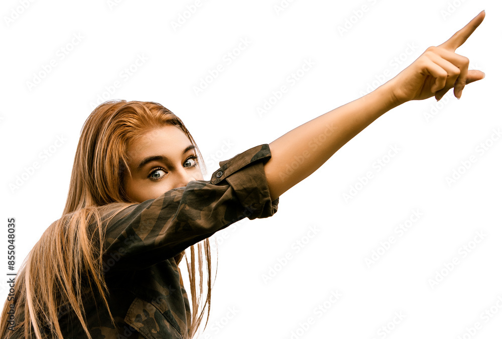 Young woman pointing to the side on transparent background Young woman pointing to the side on transparent background