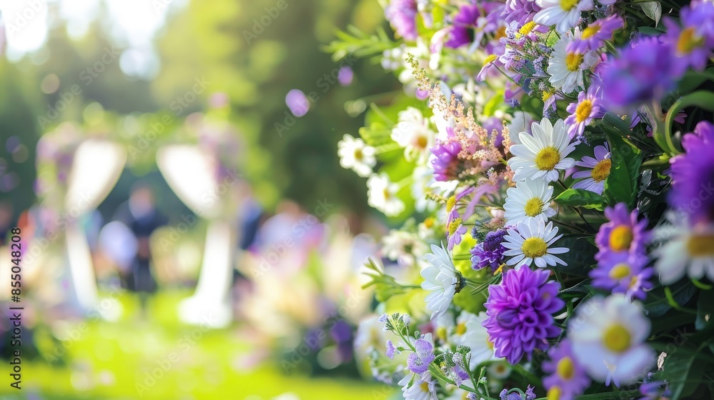 Elegant Outdoor Wedding Ceremony with Floral Arch and Guests Elegant Outdoor Wedding Ceremony with Floral Arch and Guests