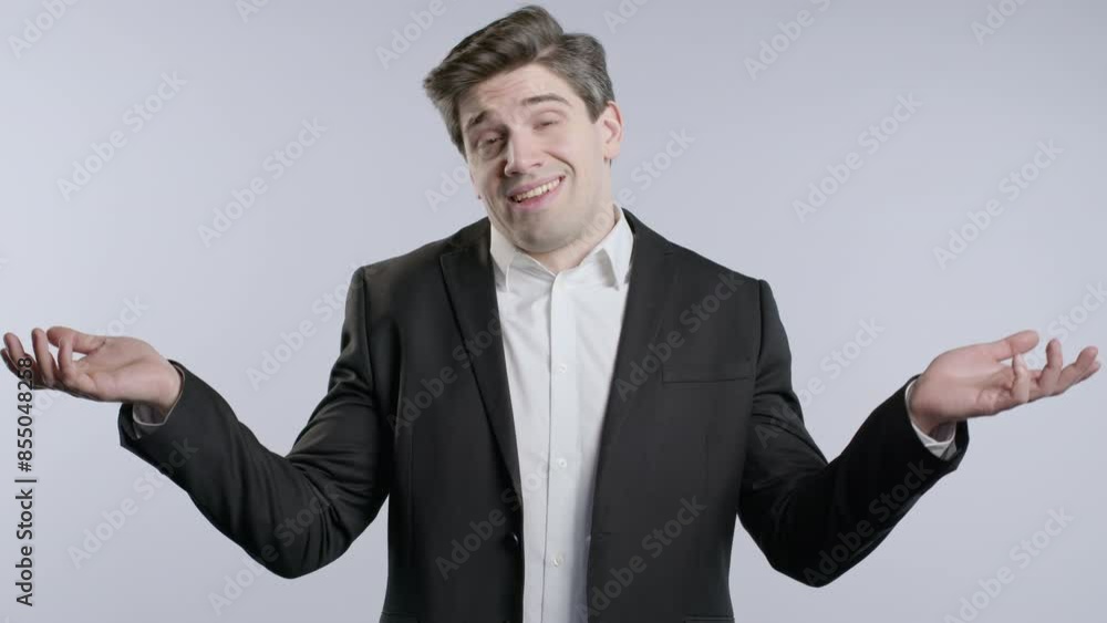 Ignorant mature 30s businessman, shoulders up - can't help, I dont know gesture Ignorant mature 30s businessman, shoulders up - can't help, I dont know gesture