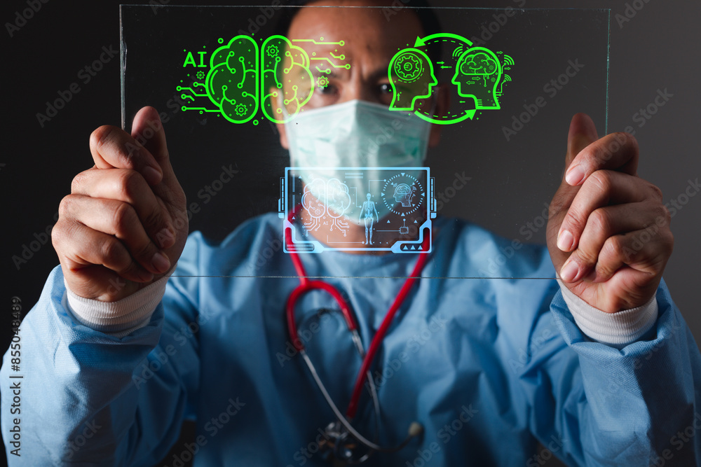 Businessman touching the brain working of Artificial Intelligence (AI) in the futuristic business and coding software development on interface and synchronize network connection, IoT, innovative.