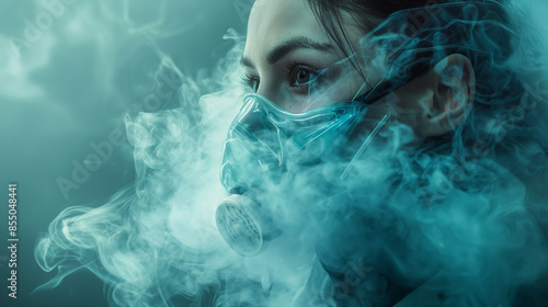 A woman wearing a respirator mask with smoke billowing around her face.  The image has a blue and grey color scheme, giving a sense of mystery and danger. photo