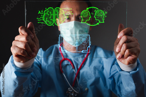 Obraz na płótnie Businessman touching the brain working of Artificial Intelligence (AI) in the futuristic business and coding software development on interface and synchronize network connection, IoT, innovative. w salonie