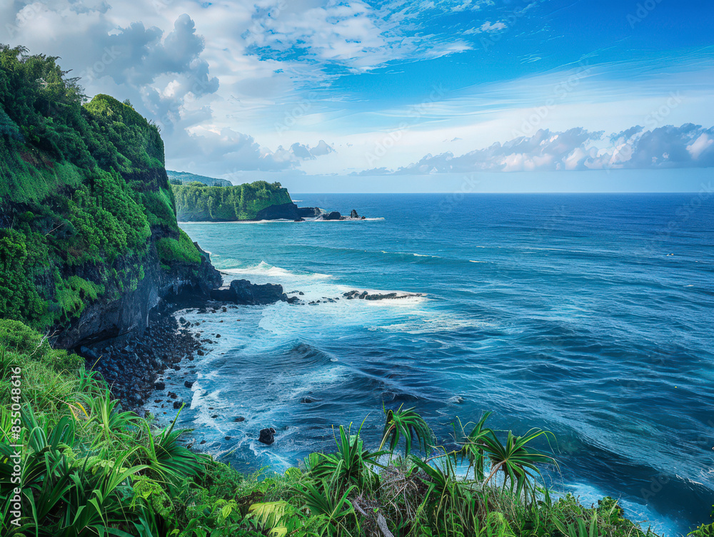 Fototapeta premium Waves rolling into the rocky coast of Hana, Maui, Hawaii