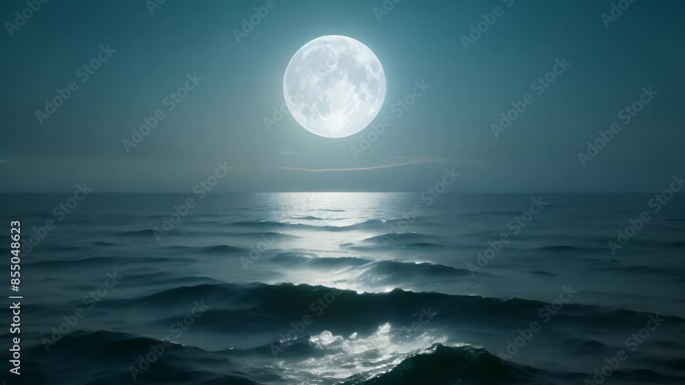 Full moon over a calm ocean at night with moonlight reflecting on the water.