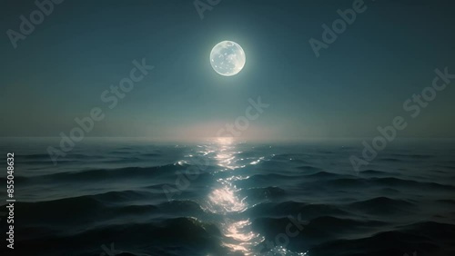Full moon over a calm ocean at night with moonlight reflecting on the water.
