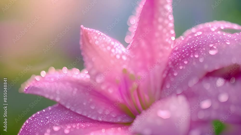 Close-up of a pink flower with dew drops on petals. Close-up of a pink flower with dew drops on petals.
