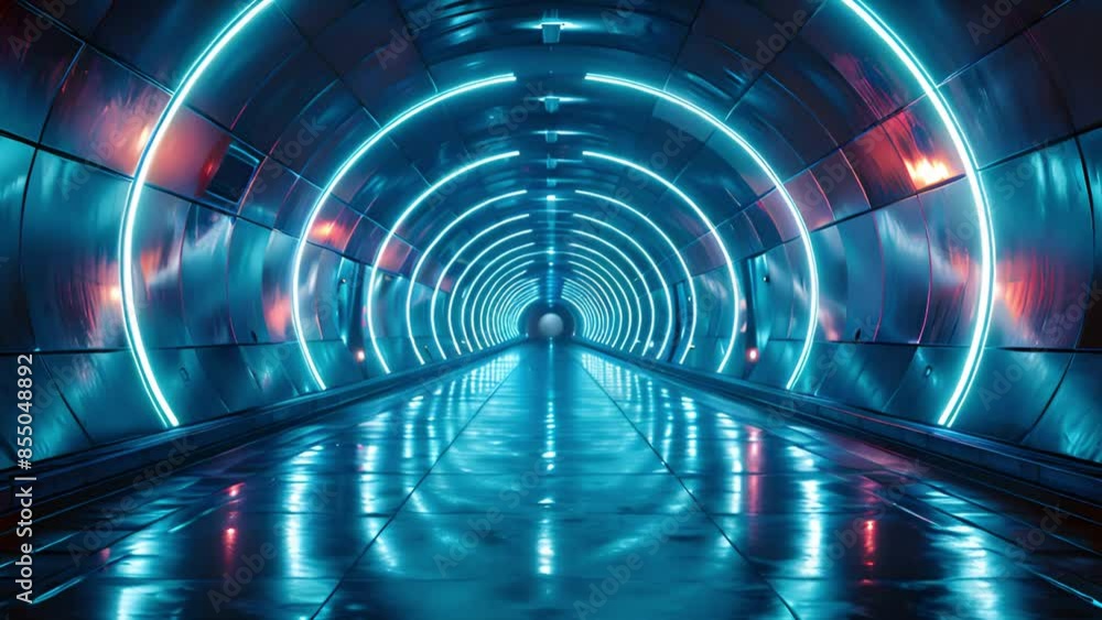A long, cylindrical tunnel with a reflective floor is lit by blue neon lights in a circular pattern. The lights create a mesmerizing effect, reflecting off the wet floor. A long, cylindrical tunnel with a reflective floor is lit by blue neon lights in a circular pattern. The lights create a mesmerizing effect, reflecting off the wet floor.
