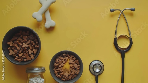 Veterinary Tools and Pet Food on Yellow Background