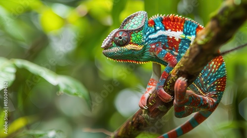 a vibrant panther chameleon perched on a branch in the lush rainforest © Bijac