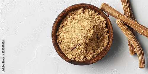 An array of powdered licorice powder and fragments of licorice root over a white setting, depicting favorable health effects and intestinal illnesses recouping and space, Generative AI. photo