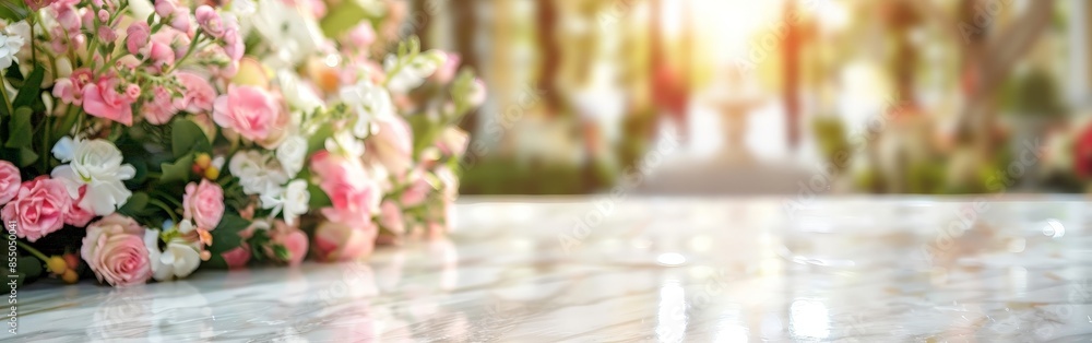 Modern Wedding Setup with Marble Table and Floral Decorations Modern Wedding Setup with Marble Table and Floral Decorations