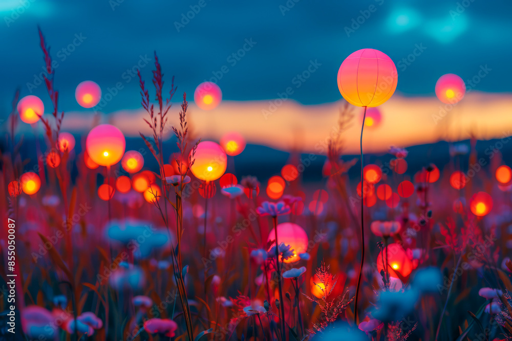 A field of flowers with many glowing lights in the middle A field of flowers with many glowing lights in the middle