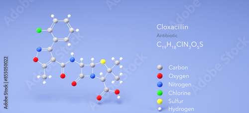 cloxacillin molecule, molecular structure, antibiotic, 3d model, Structural Chemical Formula and Atoms with Color Coding photo