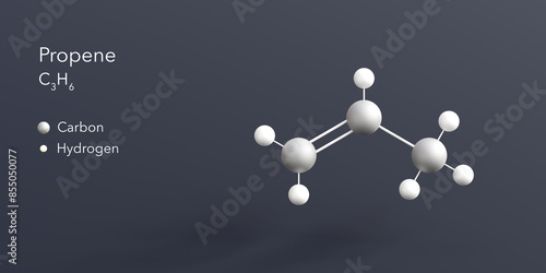 propene molecule 3d rendering, flat molecular structure with chemical formula and atoms color coding photo