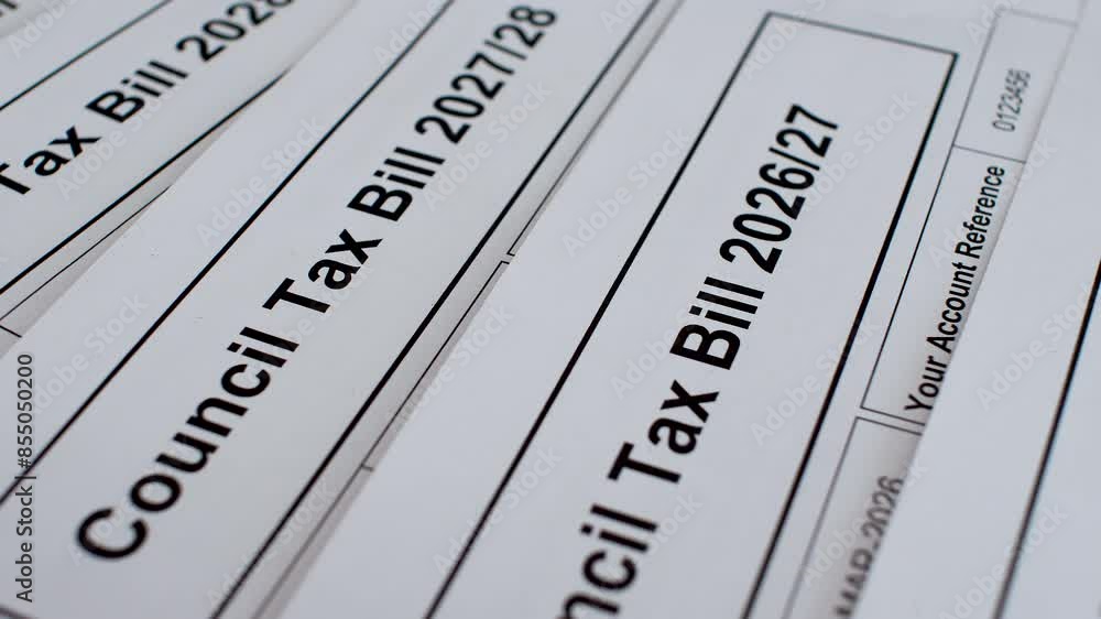 Close Up View Of Local Authority Council Tax Bills Spanning From 2025 to 2030, Focusing On Financial Obligations and paperwork. Cost Of living Pressures. Dolly Left Shot Close Up View Of Local Authority Council Tax Bills Spanning From 2025 to 2030, Focusing On Financial Obligations and paperwork. Cost Of living Pressures. Dolly Left Shot