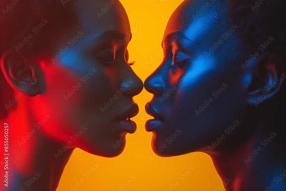 Close-up photo of two Black lesbian young women kissing under neon lights Close-up photo of two Black lesbian young women kissing under neon lights