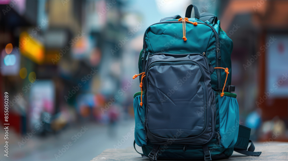 Obraz premium A blue and gray backpack sits on a table in front of a building