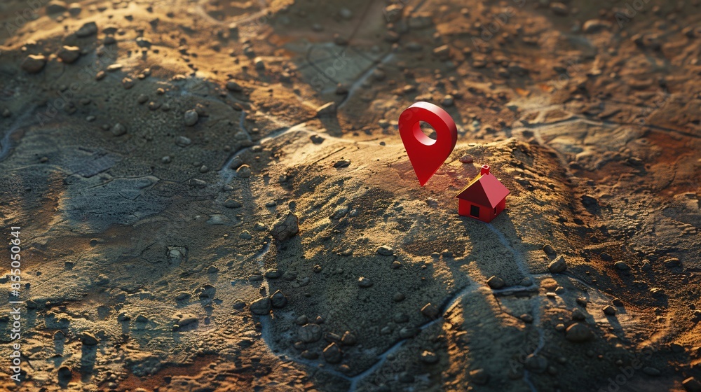 a red house and a red pointer on a dirt surface a red house and a red pointer on a dirt surface