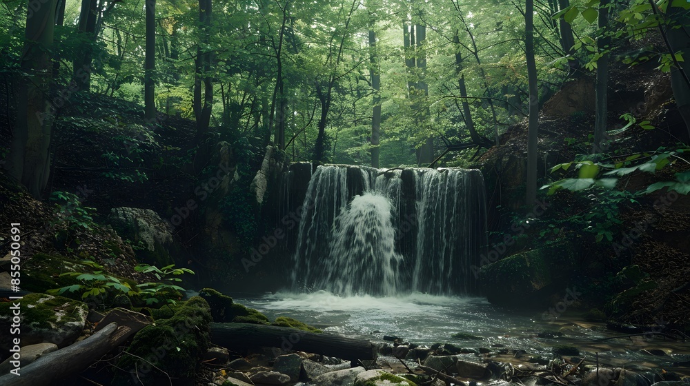 Obraz premium A waterfall is flowing in a forest. The water is clear and the trees are green. The scene is peaceful and serene