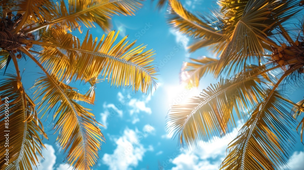 Fototapeta premium A sunny tropical background with palm trees and a blue sky. A view from below,