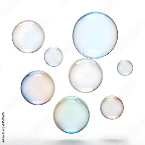 Transparent soap bubbles of various sizes floating against a minimalist background