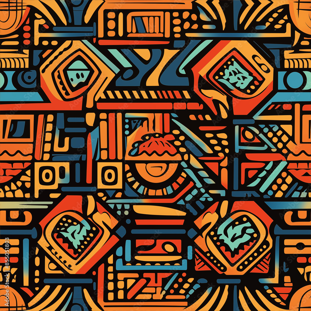 A vibrant, colorful tribal pattern with geometric shapes and intricate patterns in the style of African art. The design includes bold colors like reds, blues, yellows and greens A vibrant, colorful tribal pattern with geometric shapes and intricate patterns in the style of African art. The design includes bold colors like reds, blues, yellows and greens