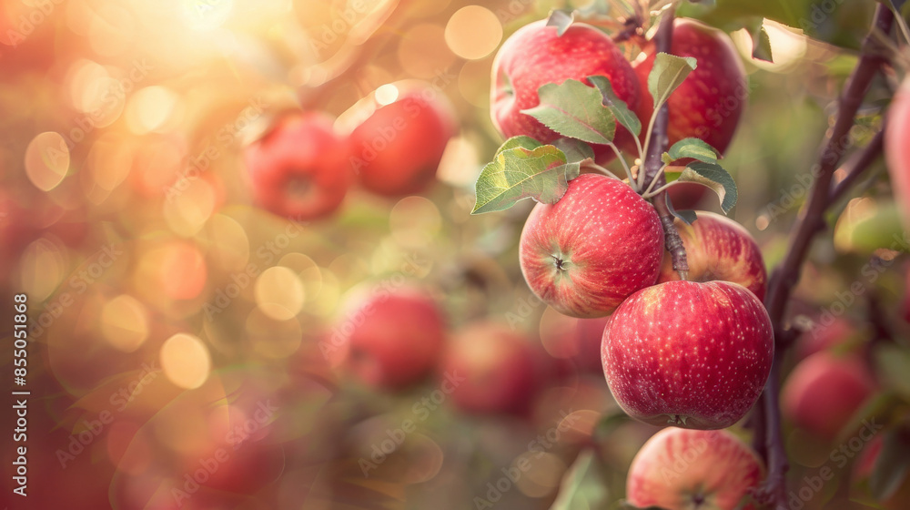 Fresh Ripe Red Apples on Tree Branch with Green Leaves in Orchard Fresh Ripe Red Apples on Tree Branch with Green Leaves in Orchard
