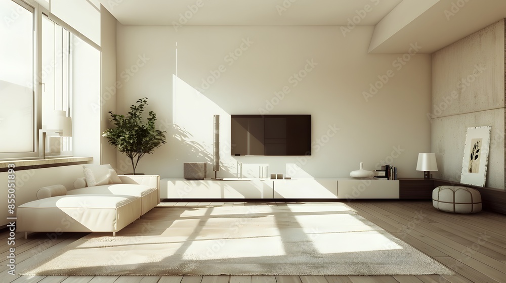 Fototapeta premium A large living room with a white couch, a television, and a potted plant. The room is bright and airy, with a lot of natural light coming in through the windows. The furniture is minimalistic