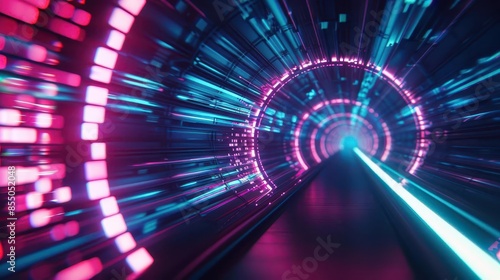 abstract futuristic technology background with neon lines and data tunnel dark blue and pink