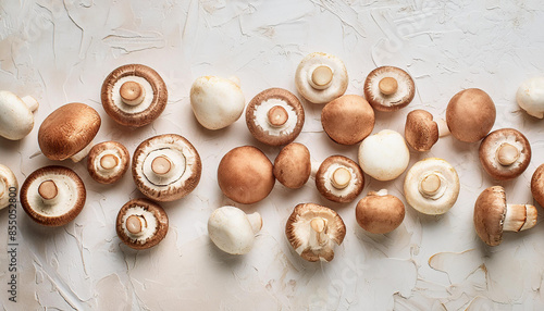 Mixed mushrooms on light background. Delicious and fresh champignons. Organic and tasty food.