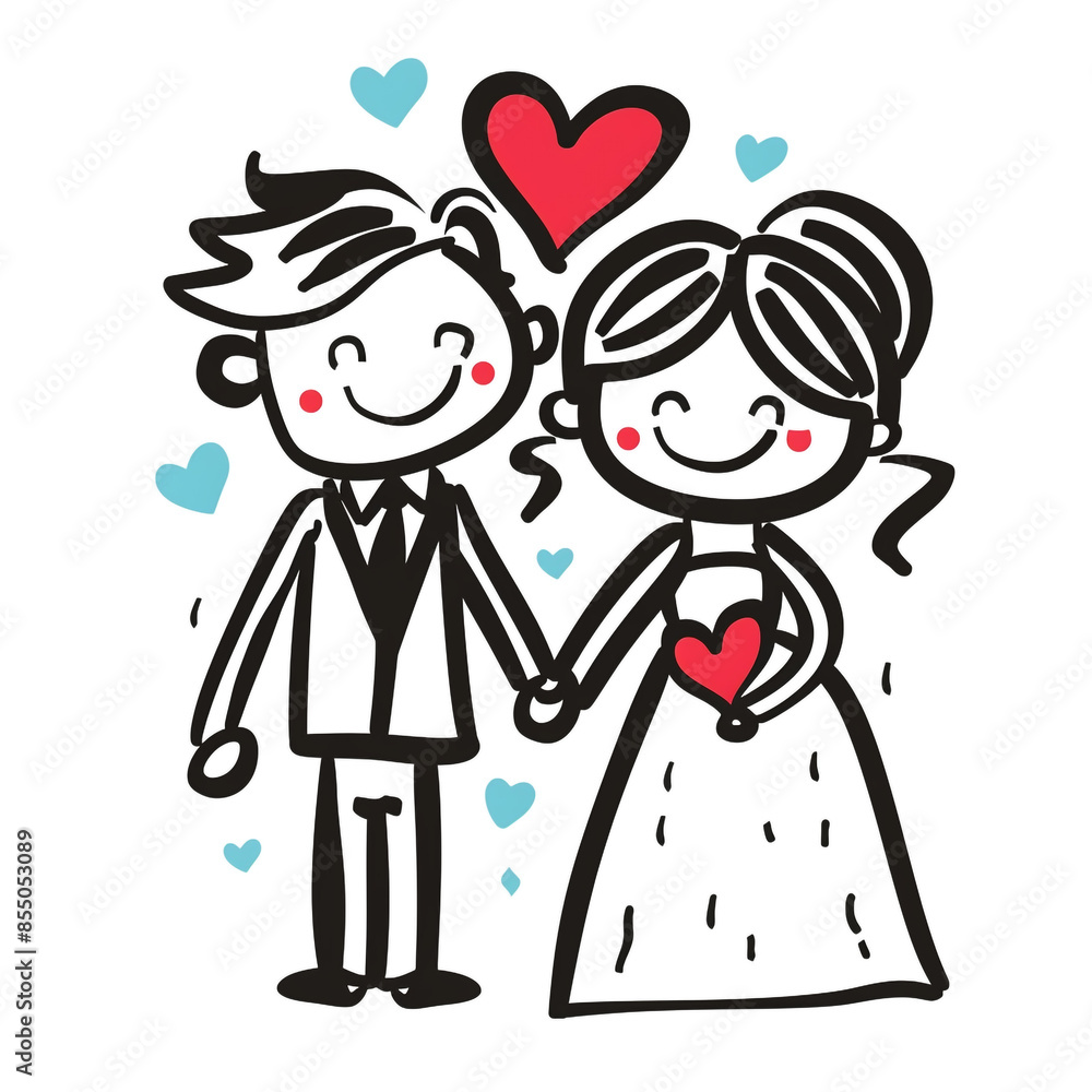 A couple in wedding attire are holding hands and hugging each other. Concept of love and happiness A couple in wedding attire are holding hands and hugging each other. Concept of love and happiness