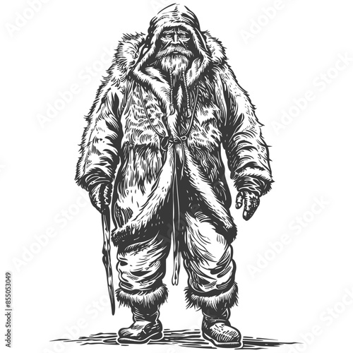 Arctic Explorer: Engraved Figure in Fur, Hooded and Weathered.
