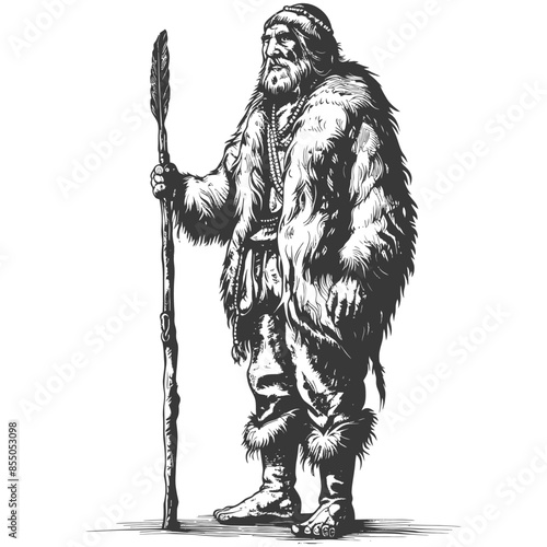 Ink Drawing: Ancient Fur-Clad Shaman with Staff, Mystical Leader.