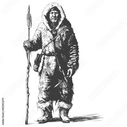 Eskimo Hunter: Intricate Sketch of Arctic Figure with Spear and Fur Coat
