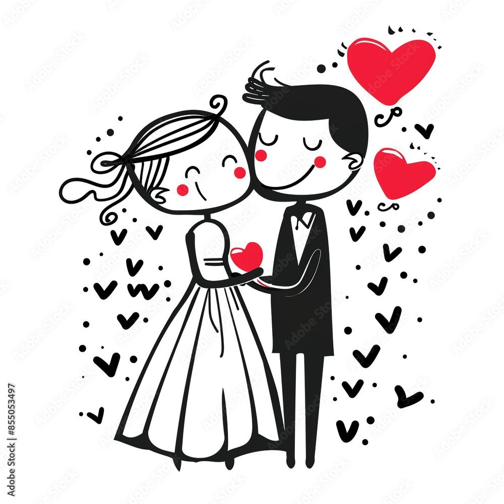 A couple in wedding attire are holding hands and hugging each other. Concept of love and happiness A couple in wedding attire are holding hands and hugging each other. Concept of love and happiness