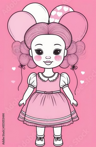 Cute happy doll girl in pink dress with a bunch of pink balloons. illustration in pink colour for postcard designs like textile apparel print, wall art, poster