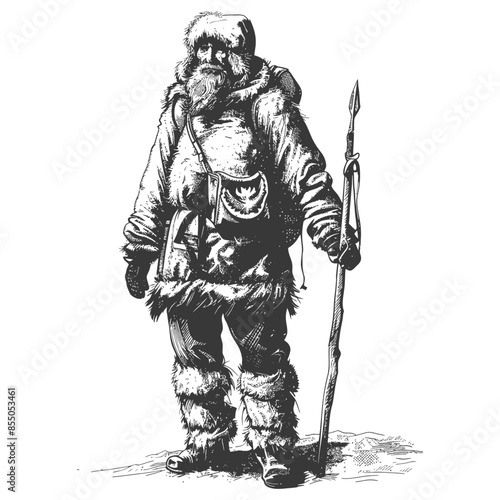 Isolated Arctic Explorer: Ink Drawing of Fur-Clad Man with Spear