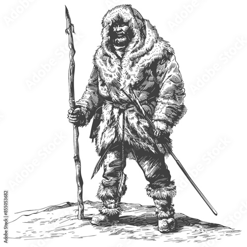 Fur-Clad Hunter: Stone Age Man with Spear, Pen and Ink Illustration