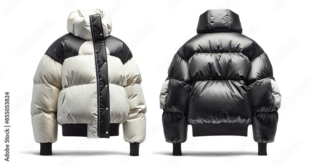 A Down Jacket with Front and Back View: Contemporary Design Featuring Bold Color Blocks and Geometric Patterns A Down Jacket with Front and Back View: Contemporary Design Featuring Bold Color Blocks and Geometric Patterns