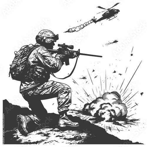 Kneeling Soldier Aiming at Helicopter Attack, Detailed Black and White Illustration.