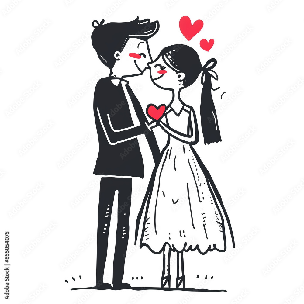 A couple in wedding attire are holding hands and hugging each other. Concept of love and happiness A couple in wedding attire are holding hands and hugging each other. Concept of love and happiness