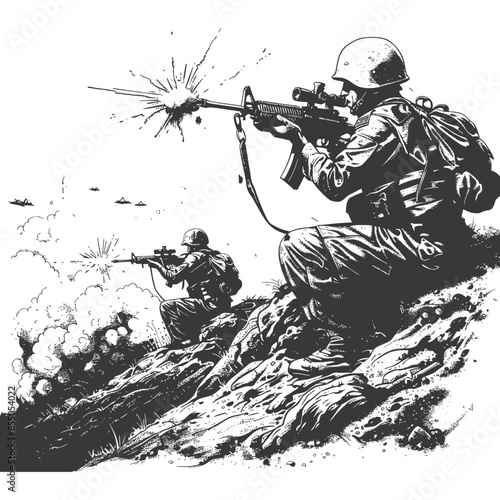 Monochrome Battlefield: Sketch of Soldiers Firing Rifles on a Hill, Explosions and Warships in the Distance.