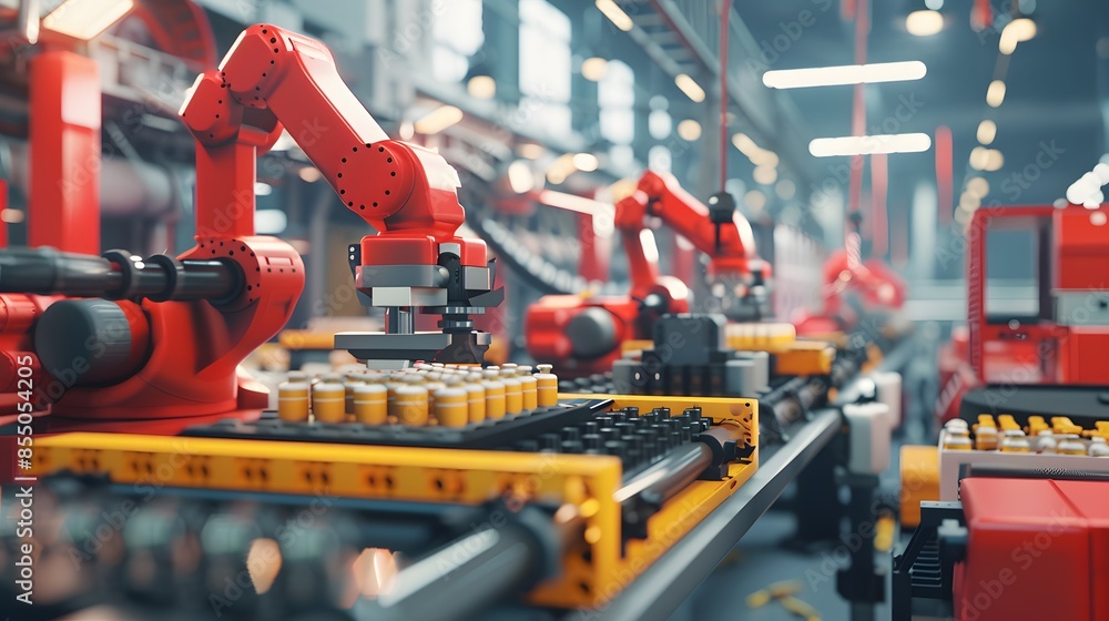 Fototapeta premium A factory with robots working on a conveyor belt. The robots are orange and are working on a metal sheet