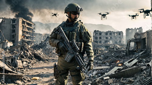 Soldier amidst drones and c...