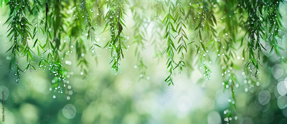 Abstract green background with willow leaves hanging from above, blurred drops and bokeh in the foreground. Abstract green background with willow leaves hanging from above, blurred drops and bokeh in the foreground.