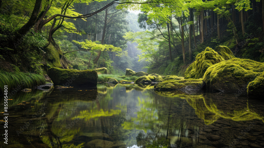 Serene Forest Stream - Peaceful forest stream with lush moss-covered rocks and dense greenery reflecting in the clear water. Nature's tranquility captured. Serene Forest Stream - Peaceful forest stream with lush moss-covered rocks and dense greenery reflecting in the clear water. Nature's tranquility captured.