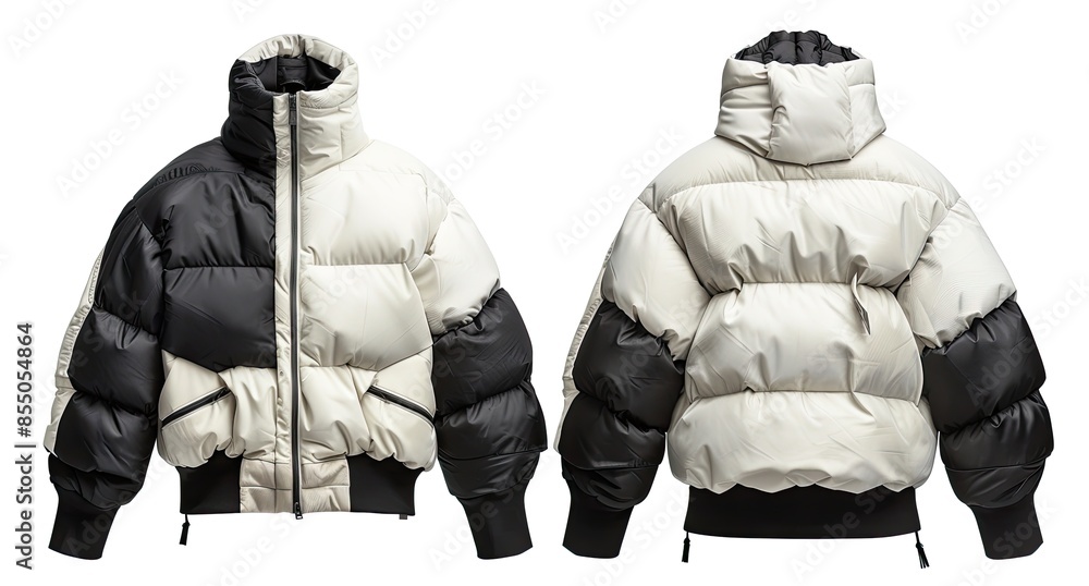 A Down Jacket with Front and Back View: Contemporary Design Featuring Bold Color Blocks and Geometric Patterns A Down Jacket with Front and Back View: Contemporary Design Featuring Bold Color Blocks and Geometric Patterns
